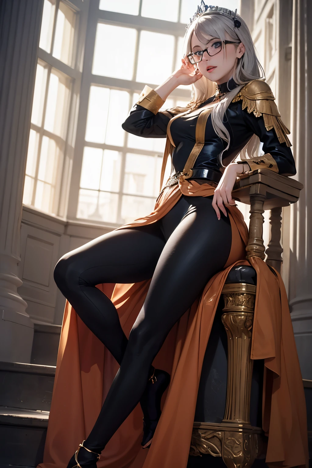 ((best quality)), ((masterpiece)), (detailed), perfect face a beautiful white-toned girl with black and silver hair wearing glasses and tight golden clothes, blue eyes, glossy skin. detailed skin, pink lips with a spear in hand a tiara on her head, full body sitting on a throne  in a castle showing  her beauty from the bottom angle