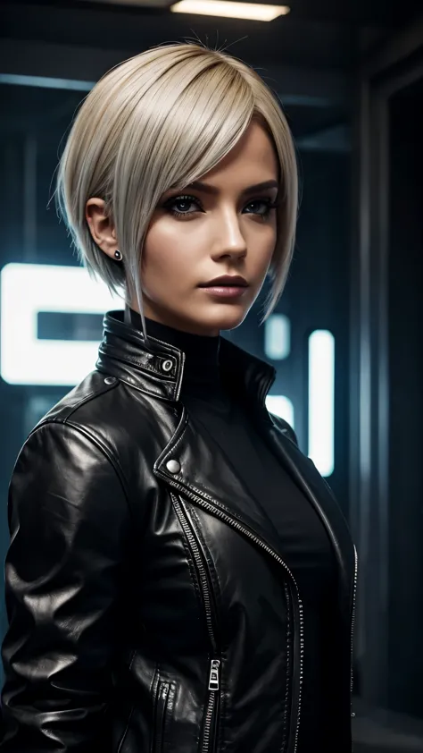 blond woman in black leather jacket and silver makeup posing, cyberpunk art inspired by Eve Ryder, tumblr, figuration libre, wea...