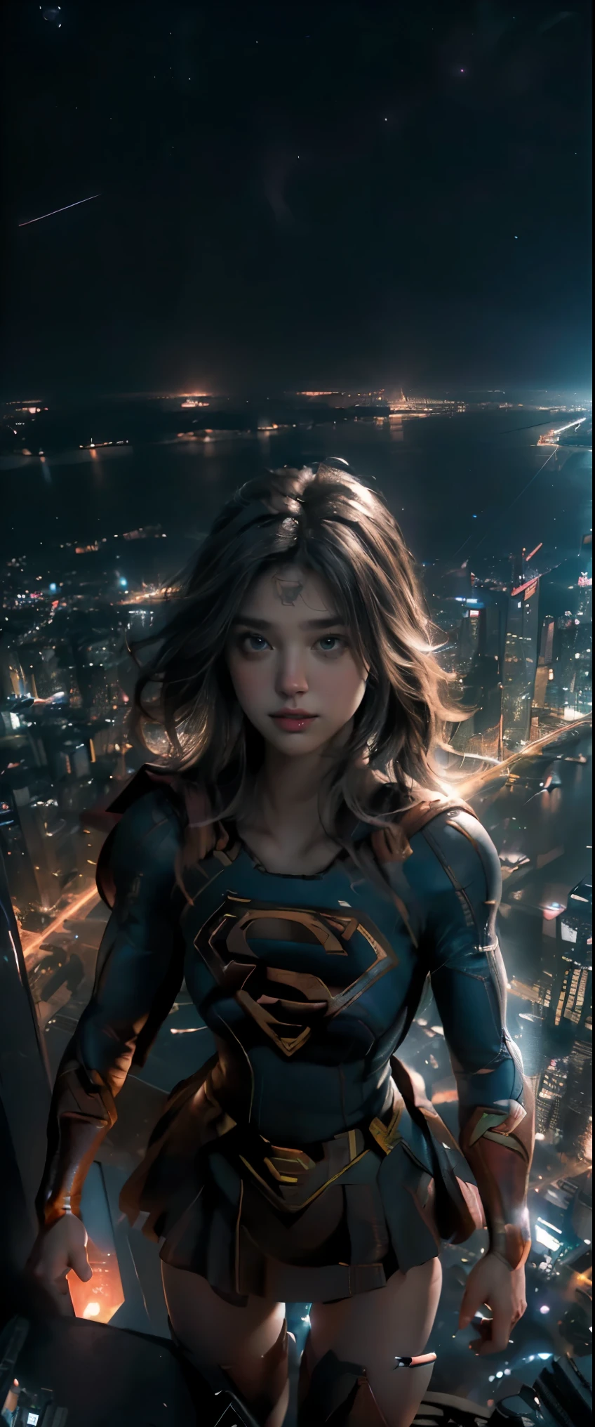 ((chef-d&#39;œuvre, la plus haute qualité, Qualité d&#39;image la plus élevée, haute résolution, Photoréaliste, photo brute, 8k)), (vue aérienne, Regarder la ville la nuit d&#39;en haut:1.3), (Supergirl vole dans le ciel nocturne:1.5), Elle est vue de dos avec la ville la nuit en arrière-plan, (vue d&#39;en-haut:1.8), (éclairage par le bas:1.3),