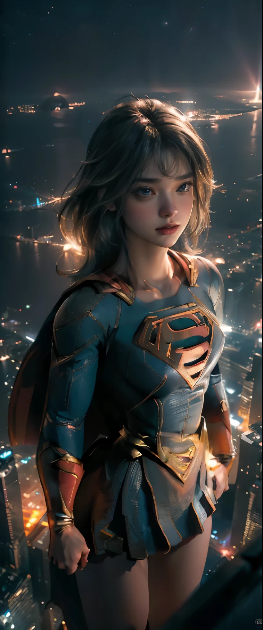 ((chef-d&#39;œuvre, la plus haute qualité, Qualité d&#39;image la plus élevée, haute résolution, Photoréaliste, photo brute, 8k)), (vue aérienne, Regarder la ville la nuit d&#39;en haut:1.3), (Supergirl vole dans le ciel nocturne:1.5), Elle est vue de dos avec la ville la nuit en arrière-plan, (vue d&#39;en-haut:1.8), (éclairage par le bas:1.3),