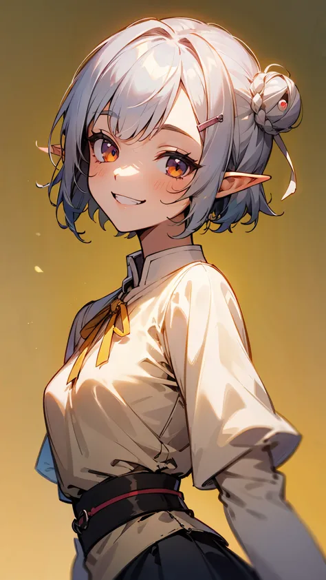 １girl、small breasts、angelic face, goblin, elf ears hair, short hairstyles for silver hair and bob、hair tied up in a bun with a h...