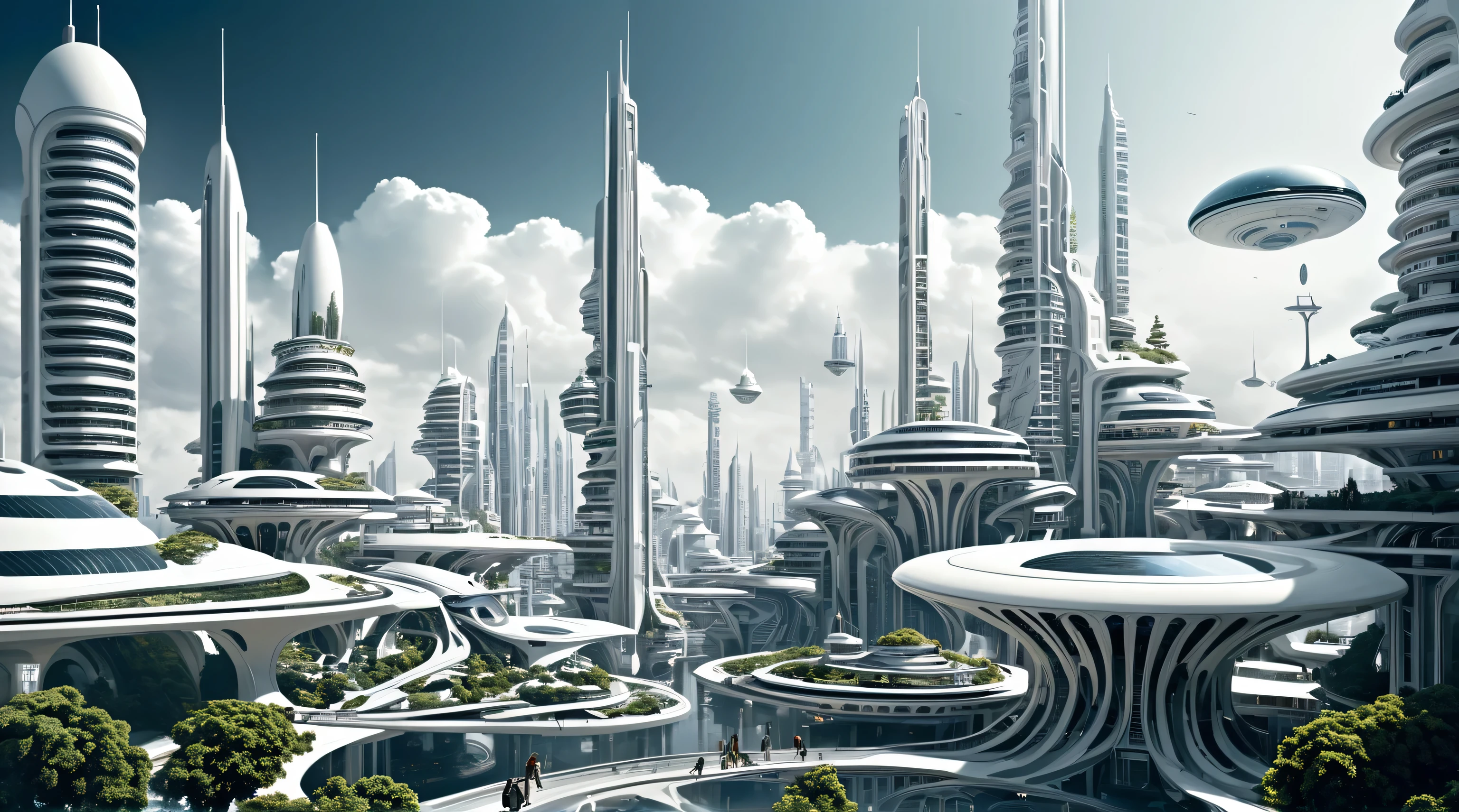 futuristic city with a lot of white buildings and a large flying object, dystopian city of the future, hyper-futuristic city, science fiction city, alien futuristic city, otherwordly futuristic city, futuristic utopian city, Depicted as a science fiction scene, human futuristic city, grand scale、The tightly structured city of Valhalla, Utopian metropolis of the future, Germany&#39;s futuristic city, futuristic city, futuristic alien city