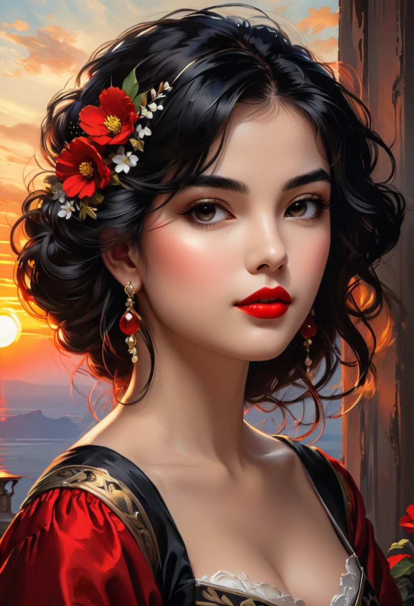 sunset horizon, digital brush strokes, stylish studio shading on top,
Shadow art, digital illustration, comic style. close-up,
close-up, portrait, mj, HDR, Ideal painting, oil painting, realistic,
Red lipstick, girl, beautiful, with black hair, with small flowers in her hair, Dramatic light, high detail, Perfect face, perfect body, dynamic lighting,
detailed background;
Art by Giovanni Boldini, Bastien Lecouf-Degarme, Carn Griffiths, E. Abramzon, Raphael, Caravaggio, Coby Whitmore, Titian, Leonardo da Vinci, Studio Ghibli Genshin Impact