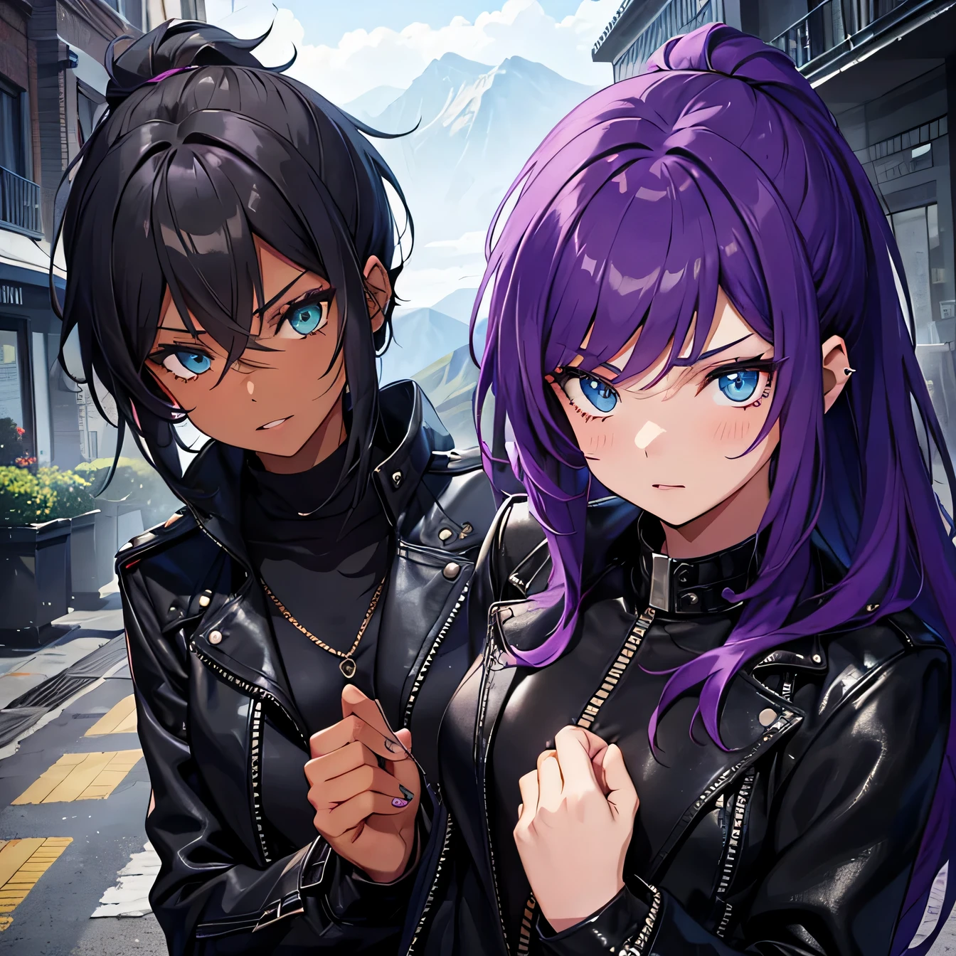 Two girls. One young girl with short, Spits, Spits black hair, in a black leather jacket with studs, black leather trousers, with green eyes. The second girl with long pink hair and blue eyes., in a black and purple sweatshirt and black trousers.  Atmosphere of horror, fear, Horror style, Beautiful, alarm, Strength and power. purple and red shades, comic style. battlefield between mountains and rivers