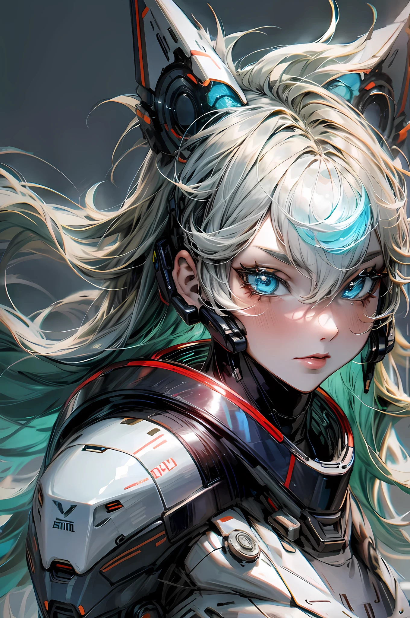 sci-fi fox girl,fox girl,metallic texture,shiny silver armor,glowing neon lights,sci-fi theme,colorful futuristic background,masterpiece:1.2,ultra-detailed,realistic:1.37,portraits,cool blue color tone,stunning lighting,full body,perfect body