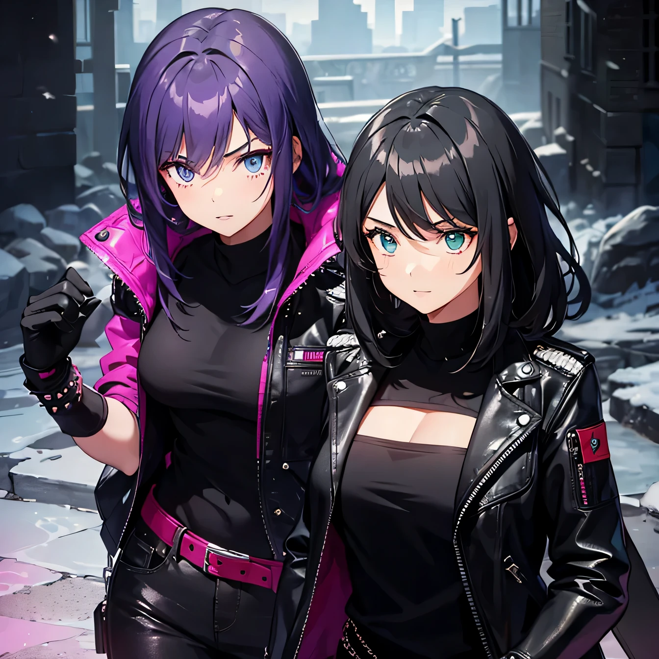 Two girls. One young girl with short, Spits, Spits black hair, in a black leather jacket with studs, black leather trousers, with green eyes. The second girl with long pink hair and blue eyes., in a black and purple sweatshirt and black trousers.  Atmosphere of horror, fear, Horror style, Beautiful, alarm, Strength and power. purple and red shades, comic style. Mountains and rivers