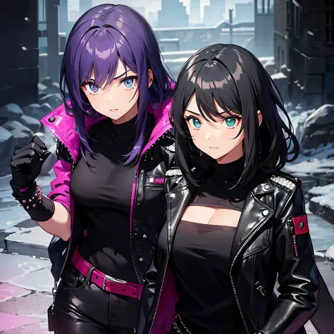 Two girls. One young girl with short, Spits, Spits black hair, in a black leather jacket with studs, black leather trousers, wit...