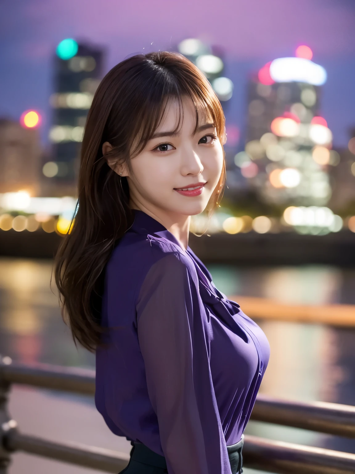 1 girl, (wearing a violet blouse:1.2), beautiful japanese actress,
(RAW photo, highest quality), (realistic, Photoreal:1.4), masterpiece, 
very delicate and beautiful, very detailed, 2k wallpaper, wonderful, 
finely, very detailed CG Unity 8K 壁紙, Super detailed, High resolution, 
soft light, beautiful detailed girl, very detailed目と顔, beautifully detailed nose, beautiful and detailed eyes, cinematic lighting, 
break,
(Against the backdrop of a night cityscape 1.3), city lights, 
perfect anatomy, slender body, smile, Face the front completely, (look at the camera), waist shot, emphasize big breasts,