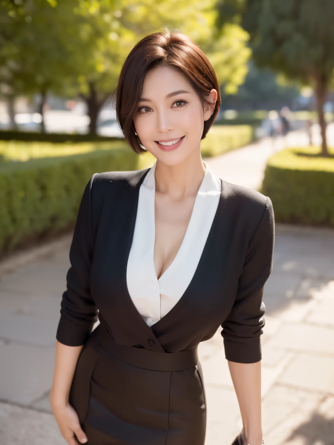 （38 years old), ((black business suit:1.2)),((black wool skirt:1.2))、((wearing a white blouse)),（wearing expensive beer）、 double eyelid, eyelash, Red lip gloss, (smile:1), ((close your eyes:0.85)), (looking at the viewer、Are standing), (From above:0.2)、尖ったred mouth、(reddish brown wet shiny short hair),red mouth,clavicle、 (Photoreal:1.3),(RAW photo）,(woman standing in front of an old castle, Beautiful lawn, Squirting, Bright sunshine in the city of Modena, Italy) , 8k, Super detailed, highest quality, rough skin, anatomically correct, masterpiece , highest quality, cinematic lighting, Use perspective throughout , surrealism , ,(realistic:1. 3),(RAW photo) , black hair, light smile, short hair, bob cut, anaglyph, stereogram, (mature woman:1), (38 years old), ((close:0.5)), glare, double eyelids, lip gloss, (smile:1), ((close your eyes:0.85)), red mouth, clavicle, ((looking at the viewer)), (short hair of reddish-brown color wet and shiny,), (I can see the whole body) , Slightly thick body type , opened my eyes wide. , perfectly round eyes , fine texture