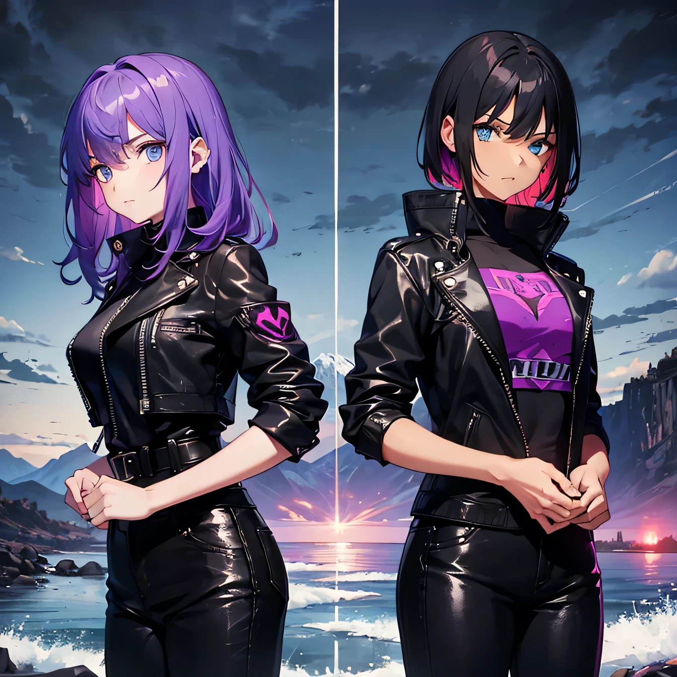 Two girls. One young girl with short, Spits, Spits black hair, in a black leather jacket with studs, black leather trousers, with green eyes. The second girl with long pink hair and blue eyes., in a black and purple sweatshirt and black trousers.  Atmosphere of horror, fear, Horror style, Beautiful, alarm, Strength and power. purple and red shades, comic style. Against the background of the mountain, rivers and natural fields