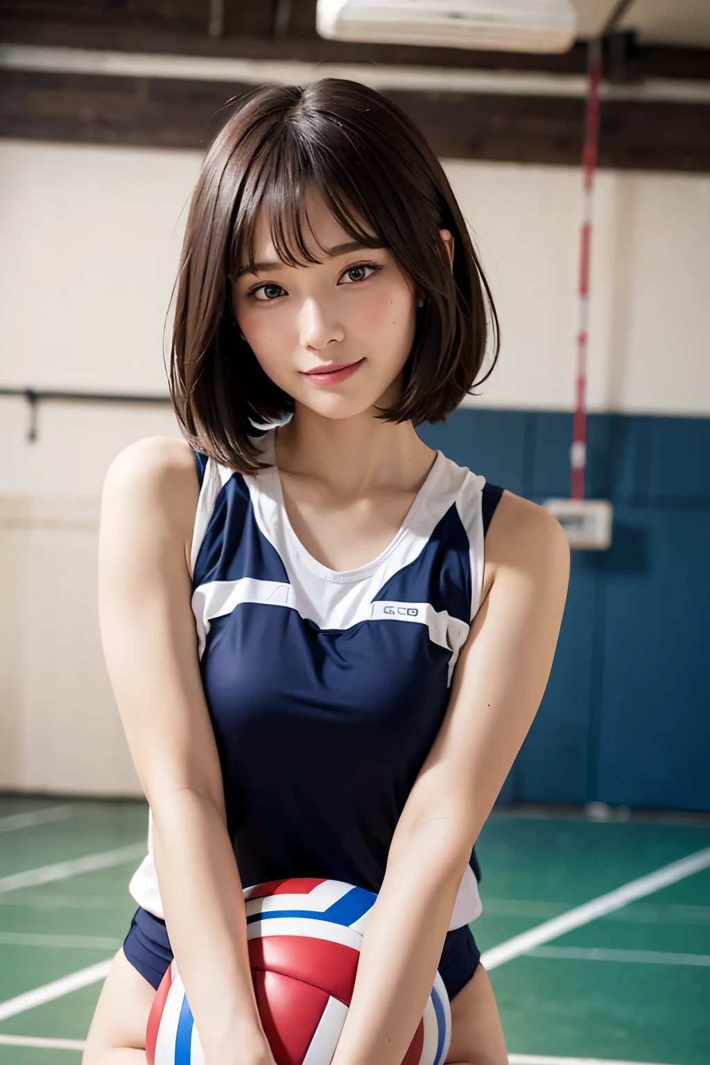 feminine、1 Lady Solo, /(volleyball uniform/), /(dark brown hair/) , A light smile with blushing cheeks, (A masterpiece of the highest quality:1.2) Super detailed and delicate illustrations, Big breasts BREAK /(Indoor volleyball court/)、short hair