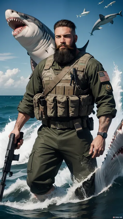 (Detailed description) (best quality) American man, American soldier, big beard, white shark animal, short hair, involved shark animal, going to war