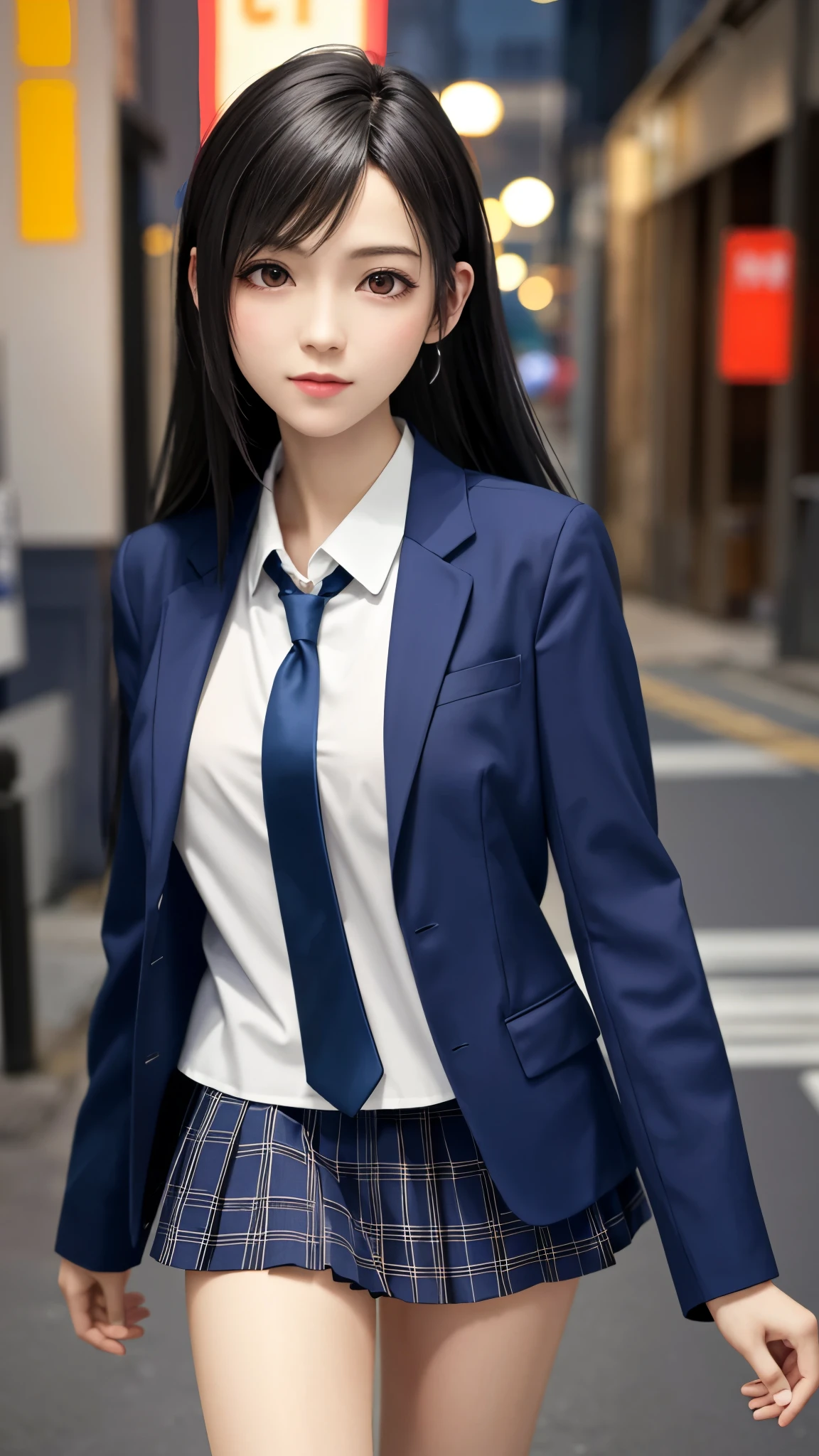 {top quality, 4k, masterpiece},{{{Realistic, photo Realistic}}},wallpapers, BREAK (((FF7,Tifa_lockhart))),{{{Japanese JK uniform, Navy Blue blazer, collared school shirt, long-sleeved, Navy Blue Plaid Pleated mini-Skirt, white short socks, loafers}}},{{background big city, Shibuya, neon}},Cinematic lighting, city light at night,{{cool pose, Nogizaka idol}},Ultra-detailed face, Detailed eyes, Red eyes, BREAK (((FF7,Tifa_lockhart))),{black brown hair, medium breasts}, BREAK , About 18 years old, kawaii, looking at viewer, (face focus:1.1), Beautiful legs, walking ,no make-up