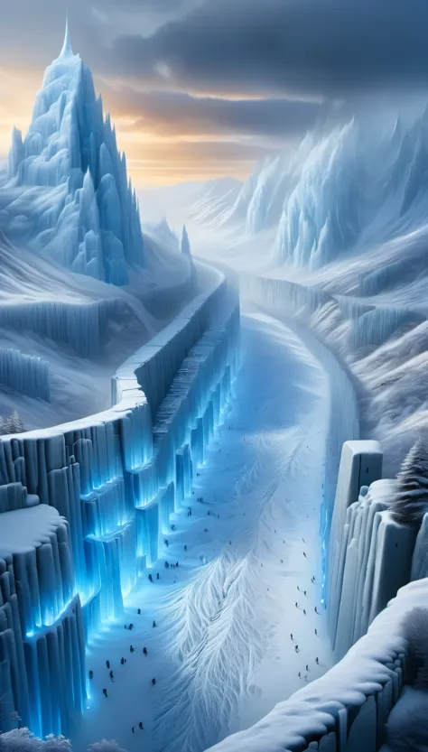 Aerial View of the Great Wall of Extinction in the hit TV series Game of Thrones, a (cliff face made entirely of snow and ice st...