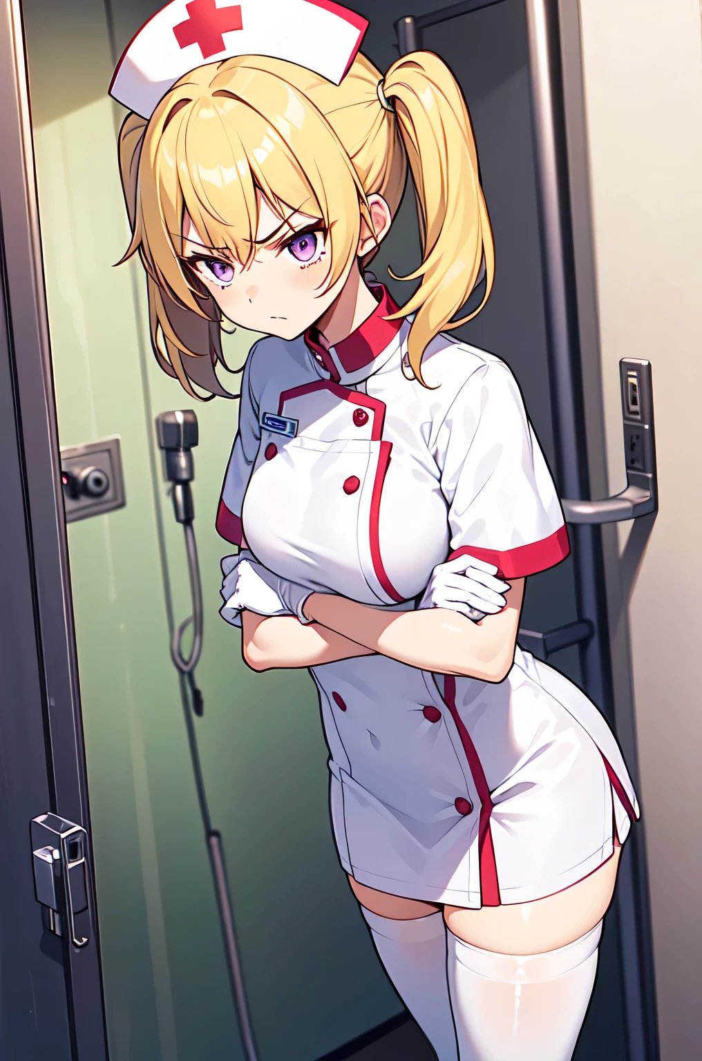 1girl, solo, nurse, nurse cap, white nurse uniform, ((white legwear, zettai ryouiki)), white gloves, twintails, yellow hair, purple eyes, angry, crossed arms, standing, ((hospital room)), sharp outline, short sleeves, best quality, masterpiece