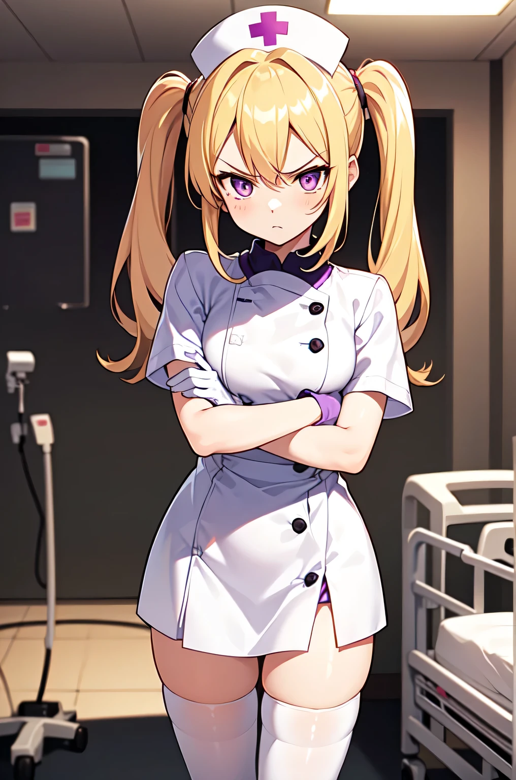 1girl, solo, nurse, nurse cap, white nurse uniform, ((white legwear, zettai ryouiki)), white gloves, twintails, yellow hair, purple eyes, angry, crossed arms, standing, ((hospital room)), sharp outline, short sleeves, best quality, masterpiece