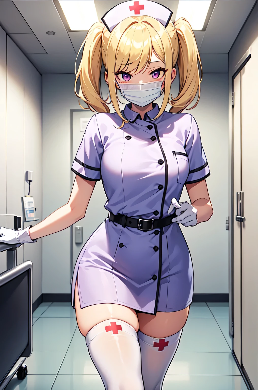 Anime nurse in uniform walking down a hallway with a face mask on - SeaArt  AI