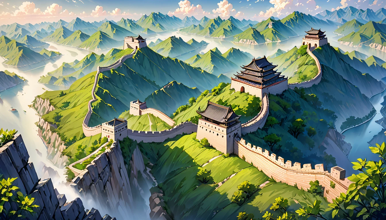 Uma vista aérea deslumbrante da Grande Muralha da China, serpenteando majestosamente por terreno ondulado. A parede se estende ao longe, com torres de vigia e fortificações espalhadas ao longo de sua extensão. A paisagem circundante é vibrante e diversificada, com vegetação exuberante, afloramentos rochosos, e rios sinuosos. Os detalhes arquitetônicos da parede são intrinsecamente renderizados, mostrando a grandeza histórica e nuances arquitetônicas. As sombras projetadas pela parede criam uma sensação de profundidade e dimensão, evocando a passagem do tempo. A mistura harmoniosa de elementos naturais e estruturas artificiais simboliza a unidade entre a civilização e a imponente paisagem chinesa.. Esta ilustração complexa celebra o significado cultural da Grande Muralha, oferecendo uma visão única e envolvente de seu esplendor atemporal.