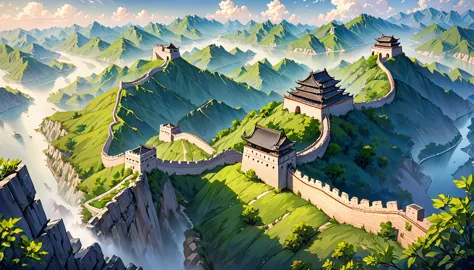 A breathtaking aerial view of the Great Wall of China, winding majestically across undulating terrain. The wall stretches far in...