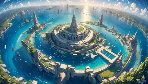 A captivating aerial drone photograph of the legendary city of Atlantis, submerged beneath the vast ocean depths. The haunting b...