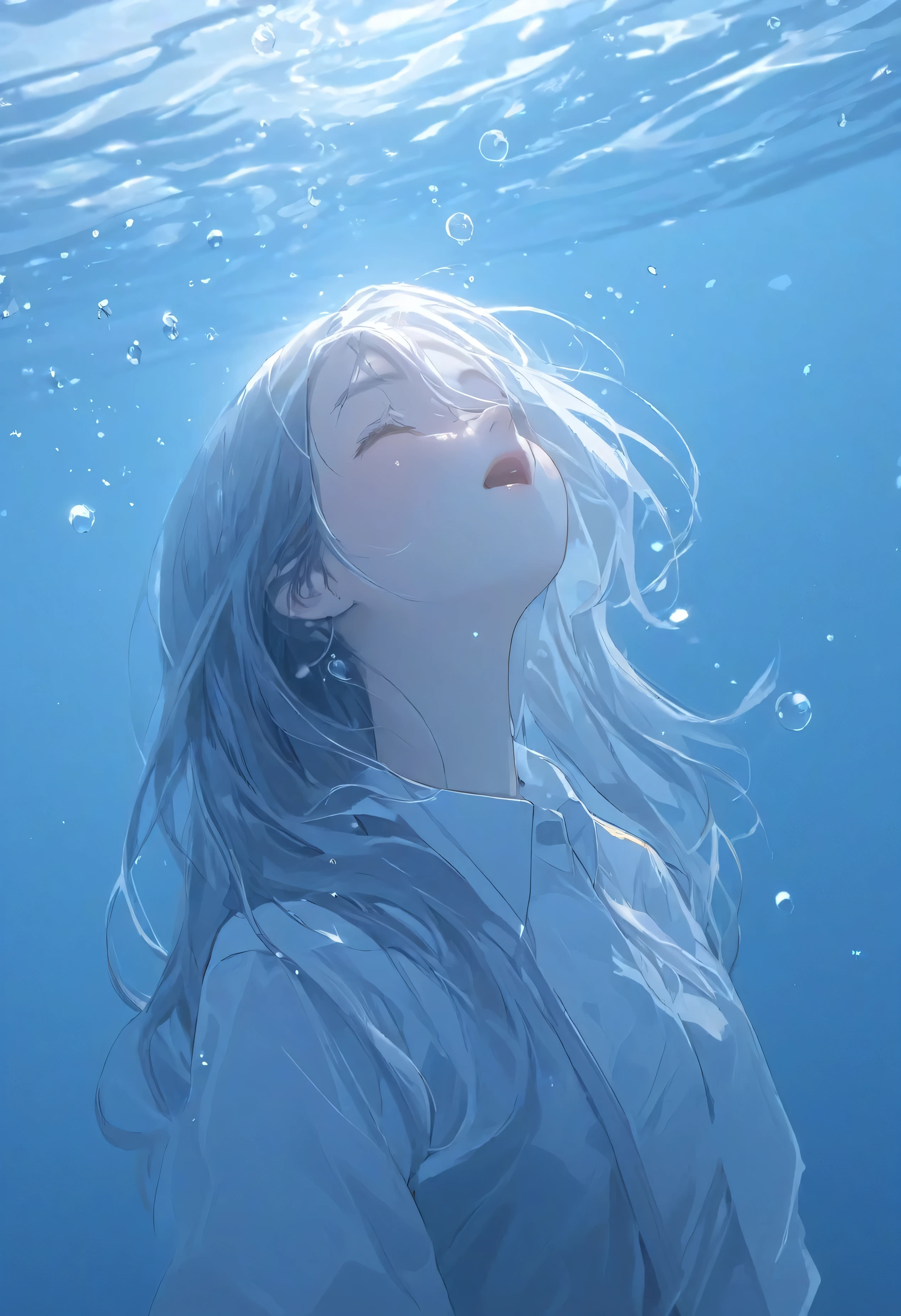 (masterpiece,best quality,ultra_detailed,highres,absurdres:1.2), blue color, a  girl under water and closed eyes,wear white  collared shirt,depth_of_field,(long neck looking up:1.2),bubble,(one hand up:1.2),   Complementary color,long_hair,grey hair, floating hair,light eyes,strong rim light,highres