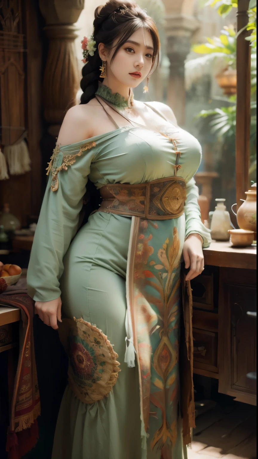1girl, huge breast, black hair, green eyes,high quality, ultra detailed, masterpiece, realistic, gamis clothes,braid,standing, slightly fat arms , slightly fat belly 
