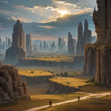 A barbarian city with grasslands, wide open space, dry tree, rock, the earth is broken, and the atmosphere was somber.
