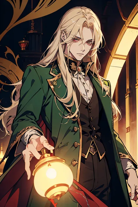 anime, a man with long blonde hair and a green coat, alucard, castelvania, beautiful androgynous prince, magical blond prince, delicate androgynous prince, handsome male vampire, casimir art, anime handsome man, key anime art, l vampire, fin wildcloak, joh...