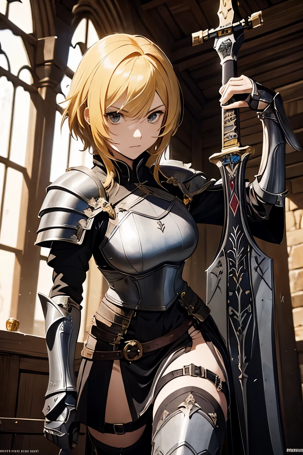 female solo(knight)、tall、slanted eyes(yellow)、hair(messy red short hair、Left Split)、cool atmosphere、angry look、Armor Plate、Holding a big sword、Inside a castle in medieval Europe、high resolution、high quality、fantasy