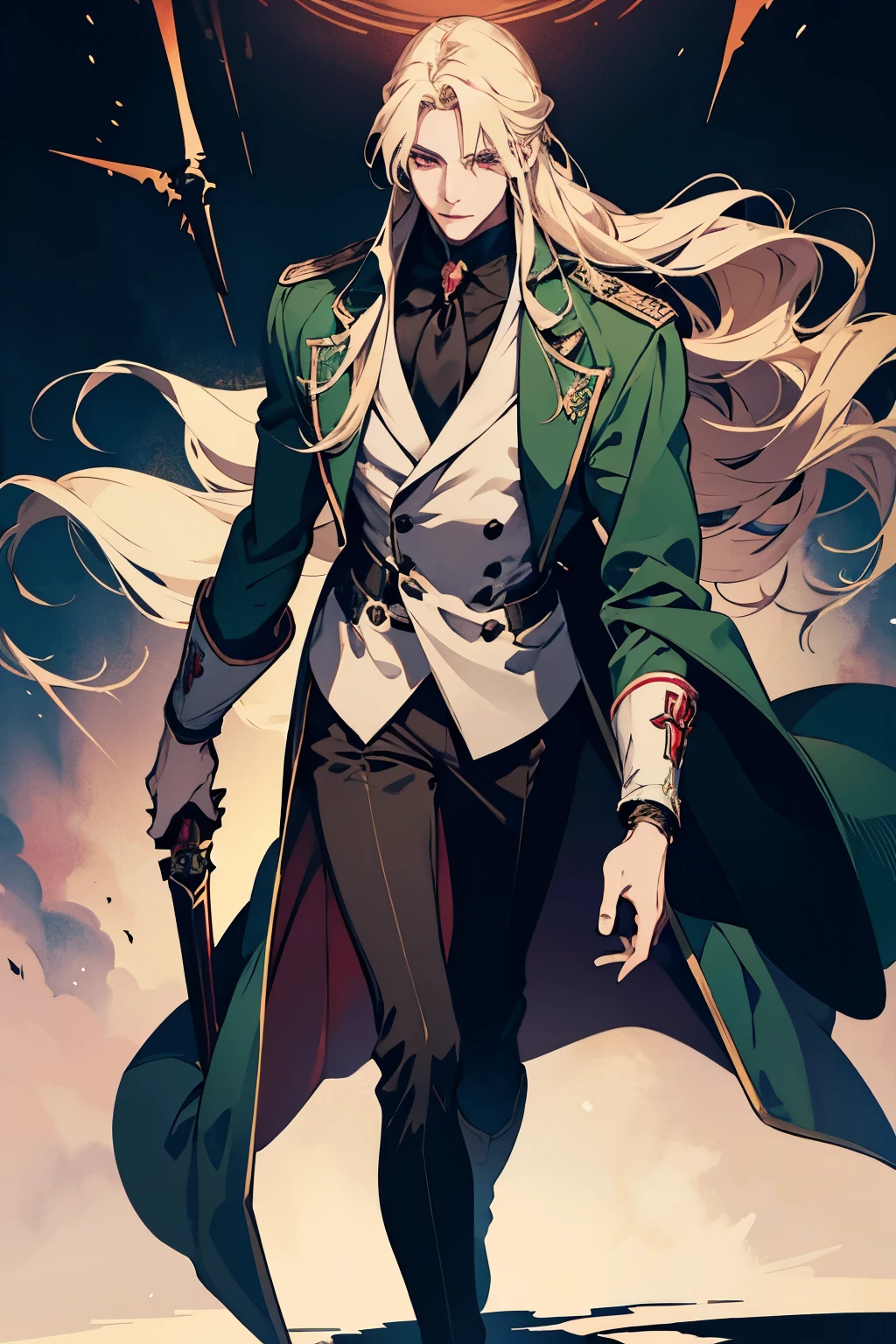 anime, full body, a man with long blonde hair and a green coat, alucard, castelvania, beautiful androgynous prince, magical blond prince, delicate androgynous prince, handsome male vampire, casimir art, anime handsome man, key anime art, l vampire, fin wildcloak, johan liebert mixed with alucard, male vampire, red eyes, detailed 30 year old male face