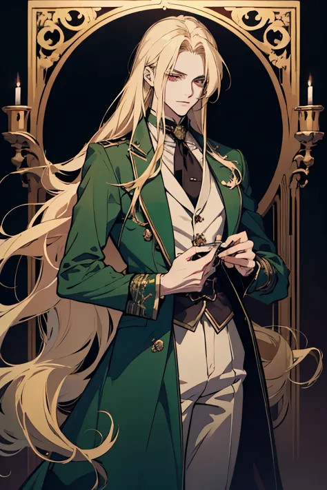 anime, full body, a man with long blonde hair and a green coat, alucard, castelvania, beautiful androgynous prince, magical blond prince, delicate androgynous prince, handsome male vampire, casimir art, anime handsome man, key anime art, l vampire, fin wil...