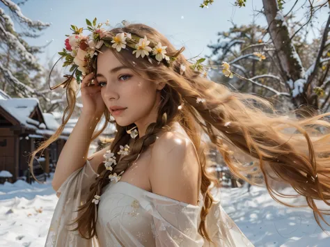 A beautiful woman with long, golden hair adorned with a flower crown,
Braided hair cascading down in delicate strands,
(1.0, High definition),
Solo:1,
Located in a snowy landscape,
(Natural setting:1.3),
Amidst towering trees and blooming flowers,
Add deta...