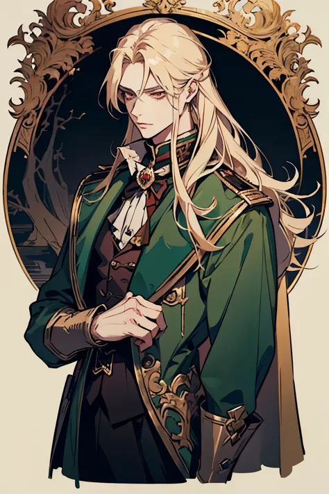 anime, full body, a man with long blonde hair and a green coat, alucard, castelvania, beautiful androgynous prince, magical blon...