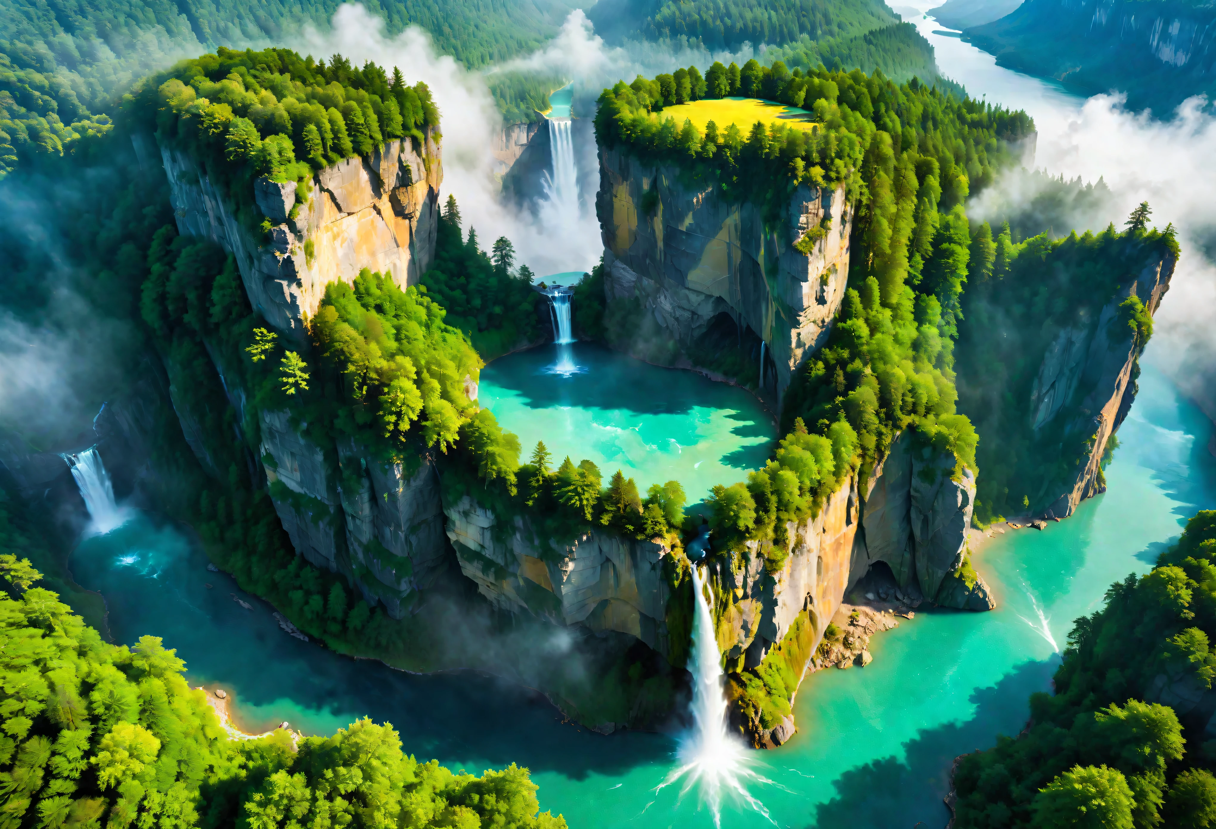 Aerial view of Towering steep and towering secret lake in a cliff, wild forest, magical mist, asymmetric secret lake cliff canyon, ((Aerial view):1.2), (waterfall), (mists), Coexistence with the natural environment, magic circle tower, lush wild maple forest, beautiful landscape, secret lake, extremely detailed, best quality, masterpiece, high resolution, Hyperrealistic, 8K, top-view, high angle view, BlueColor Palette, Minimalism.