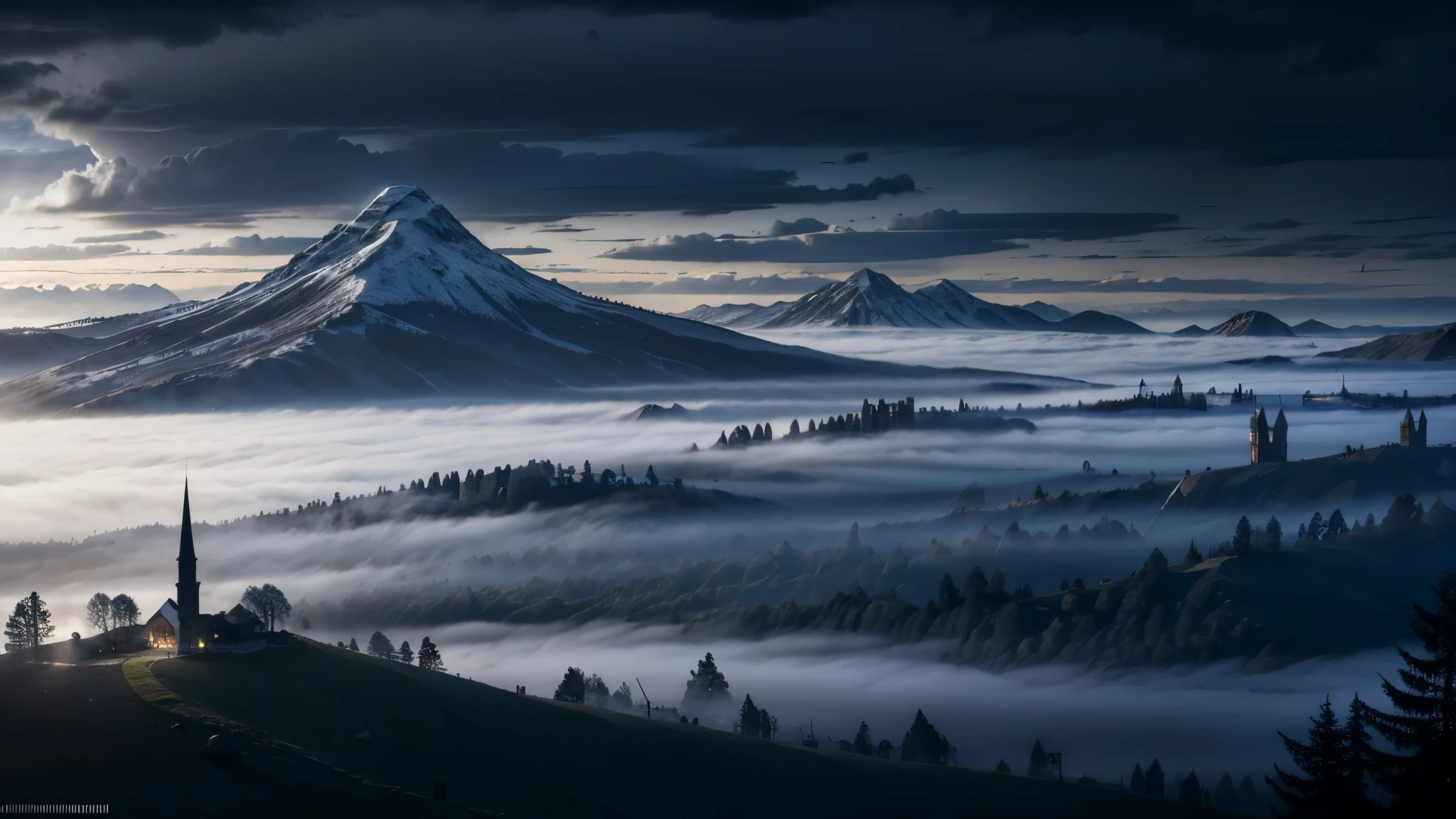 obra de arte, Das profundezas do cosmos, a misteriosa névoa e sombras descem sobre a terra outrora verde e azul, suas gavinhas escuras se espalhando como uma mancha sinistra pela terra agora condenada. Começando com as imponentes montanhas, as sombras rastejam insidiosamente, envolvendo cada pico nevado em uma mortalha de escuridão. As paisagens outrora vibrantes agora são lançadas em um crepúsculo misterioso, à medida que a marcha inexorável das sombras e das trevas se estende para reivindicar o seu domínio sobre toda a terra, 16k, resolução ultra alta.fotorrealista, Ultra HD, ângulo amplo, profundidade de campo, CRU, (relâmpagos, Vibrações do Senhor dos Anéis:1.2)