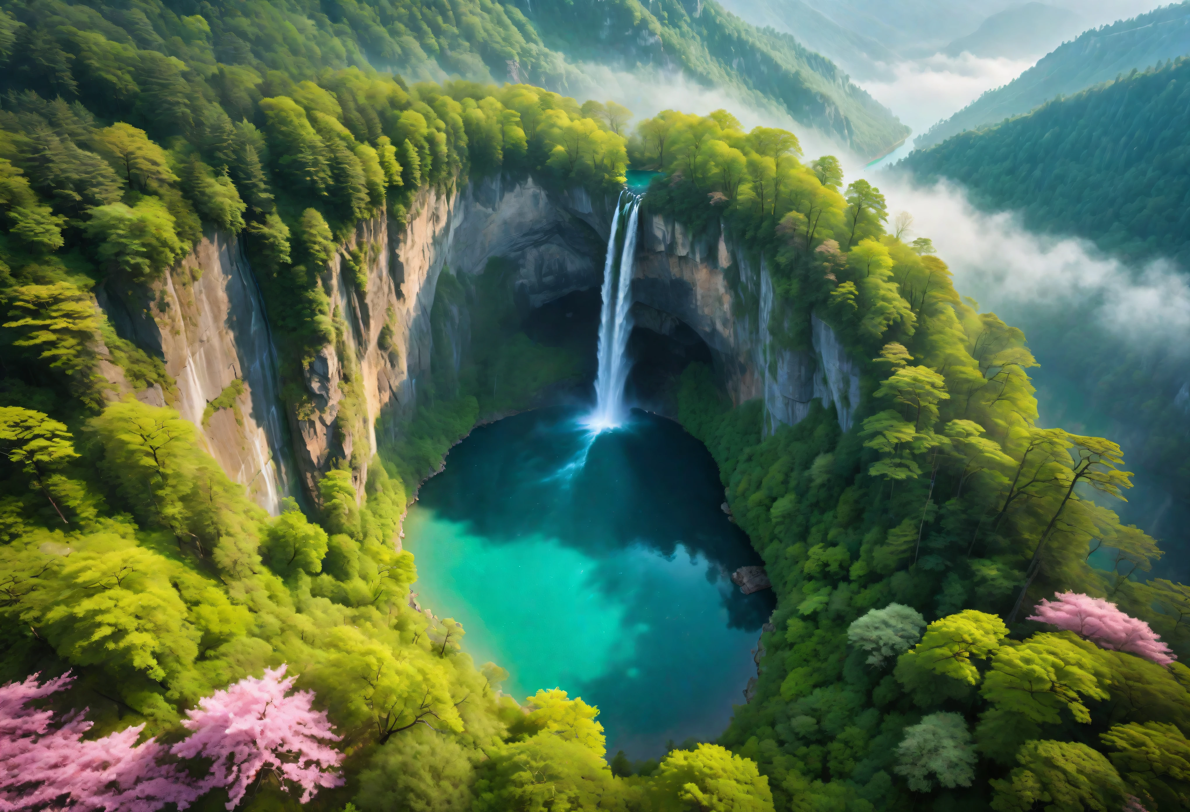 vue aérienne of Towering steep and towering lac secret in a cliff, forêt sauvage, brume magique, asymmetric lac secret cliff canyon, ((vue aérienne):1.2), ((sensation de hauteur extrême):1.1), (cascade), (Brumes), Coexistence avec le milieu naturel, tour du cercle magique, forêt de sakura sauvage et luxuriante, Beau paysage, lac secret, extrêmement détaillé, Meilleure qualité, chef-d&#39;œuvre, haute résolution, hyperréaliste, 8k, vue de dessus, vue grand angle, Palette de couleurs bleues, minimalisme.