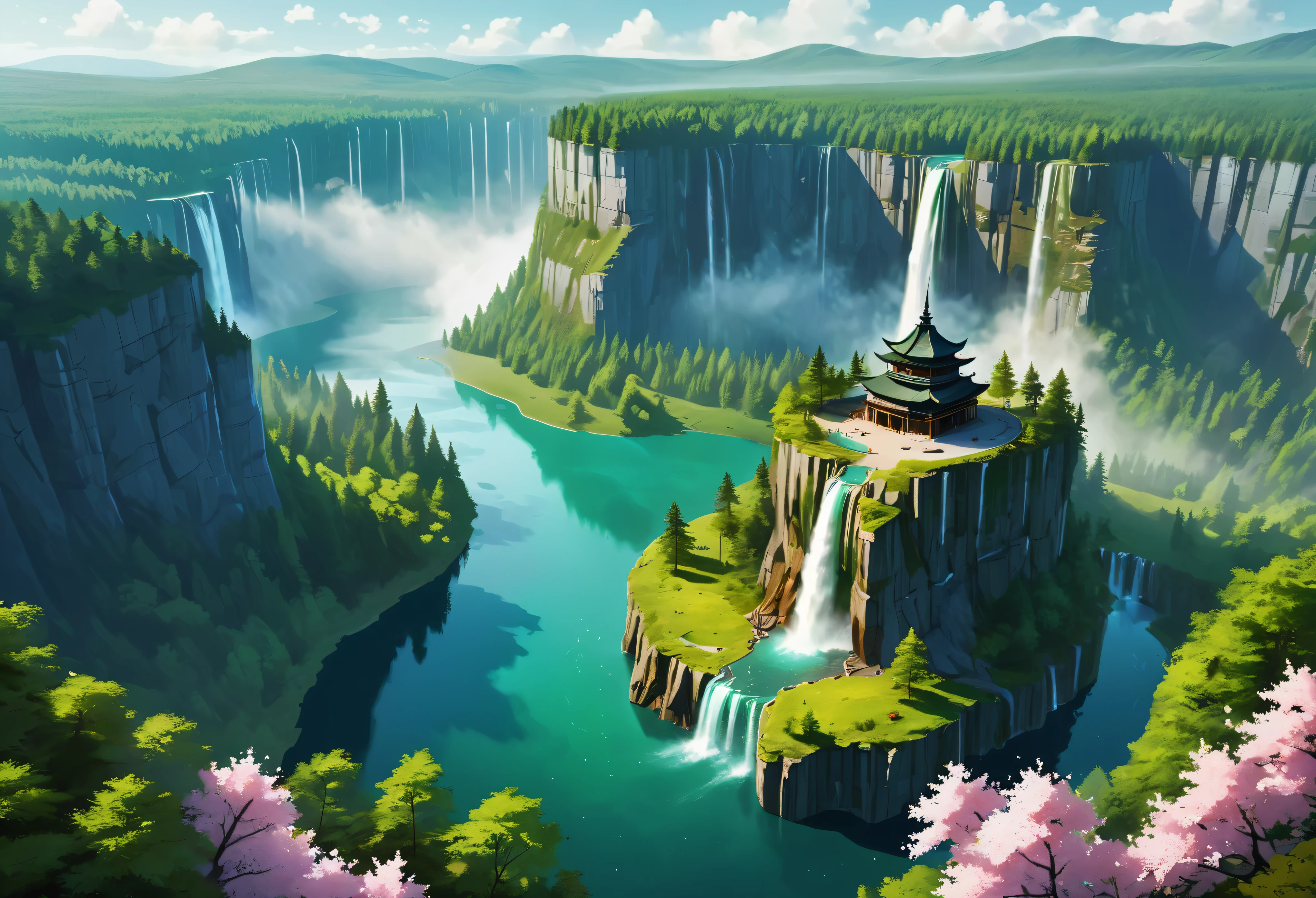 Aerial view of Towering steep and towering secret lake in a cliff, wild forest, magical mist, asymmetric secret lake cliff canyon, ((Aerial view):1.2), ((sense of extreme height):1.1), (waterfall), (mists), Coexistence with the natural environment, magic circle tower, lush wild sakura forest, beautiful landscape, secret lake, extremely detailed, best quality, masterpiece, high resolution, Hyperrealistic, 8K, top-view, high angle view, BlueColor Palette, Minimalism.