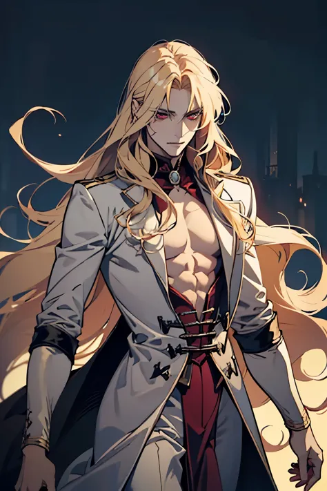 anime,  men ALONE, one man with long blonde hair, alucard, castelvania, beautiful androgynous prince, magical blond prince, delicate androgynous prince, handsome male vampire, detailed 30 year old male face, casimir art, anime handsome man, key anime art, ...