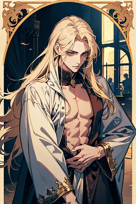 anime,  men ALONE, one man with long blonde hair, alucard, castelvania, beautiful androgynous prince, magical blond prince, delicate androgynous prince, handsome male vampire, detailed 30 year old male face, casimir art, anime handsome man, key anime art, ...