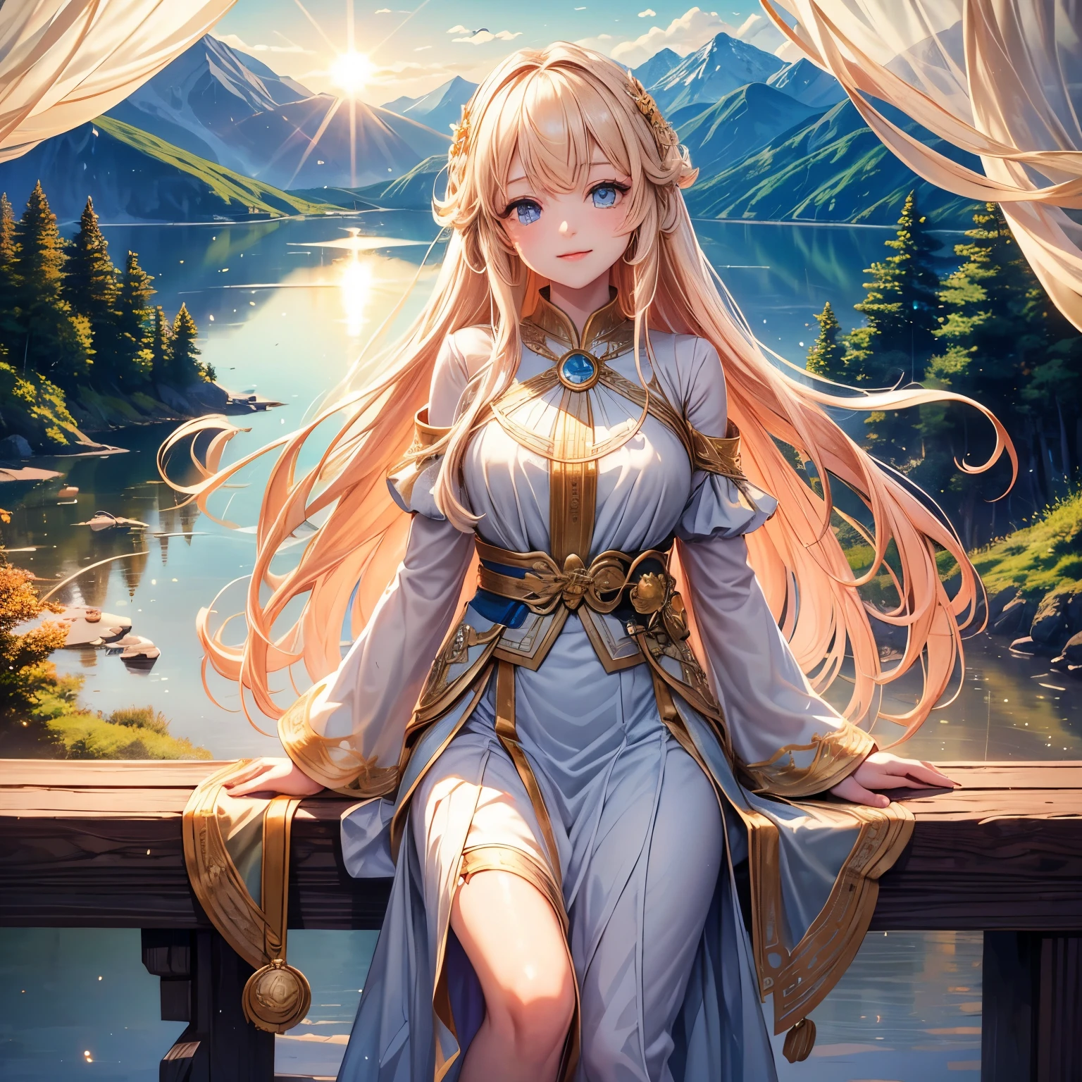 1 girl, happy expression, charming eyes, Long straight hair, flowing skirt, big deal, looking at the sun, calm pose, porcelain skin, subtle blush, Crystal PendantBREAK Golden Hour, (edge lighting): 1.2, cool color, solar flare, Soft shadows, bright colors, Effect, Great atmosphereBREAK Scenic lake, distant mountains, pine, top of mountain, Reflection, clouds illuminated by sunlight, peaceful atmosphere, Idyllic sunrise, Super detailed, official art, unified 8k wallpaper, tangled, mandala