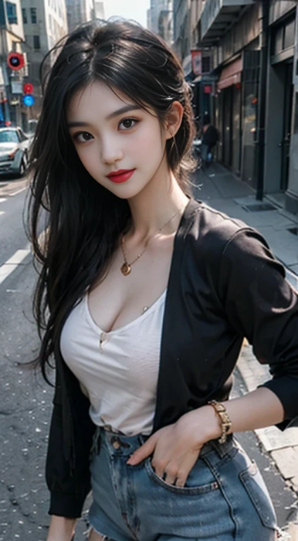 reality, High accuracy, dim light,1woman, Single, Hips high, (Detailed face),Tattoo, jewelry, Street wear, Beautiful soldier, An eye that invites the viewer, Beloved&#39;s point of view, Call for expression, Sexy smile, Perfect style, Perfect balance, Detailed skin, Naughty look, Visible chest、Full body