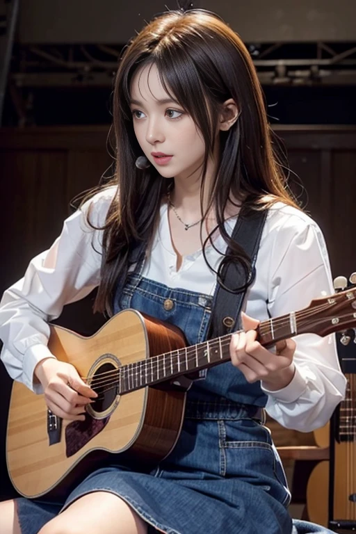 Woman sitting and playing guitar、Shaggy-haired brunette、precision 6 string Acoustic guitar:1.2、Anatomically correct fingers、Acoustic guitar、1 guitar only、Please look straight ahead and sing、(Keep your face forward:1.2)、Many cats around