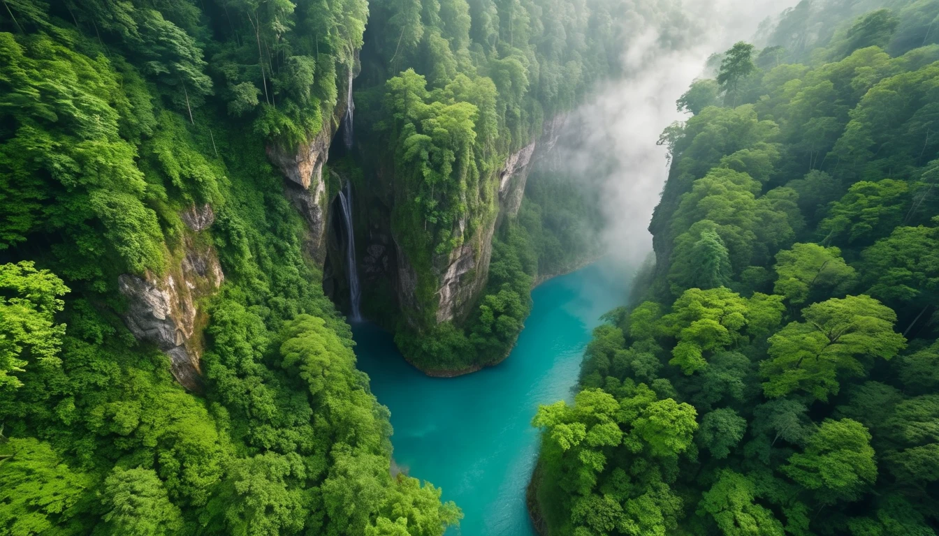 Aerial view of Towering steep and towering secret underground river in a cliff, wild forest, magical mist, asymmetric secret underground river cliff canyon, ((Aerial view):1.2), ((sense of extreme height):1.1), (waterfall), (mists), Coexistence with the natural environment, magic circle tower, lush wild forest, beautiful landscape, secret underground river, extremely detailed, best quality, masterpiece, high resolution, Hyperrealistic, 8K, top-view, high angle view, BlueColor Palette, Minimalism.