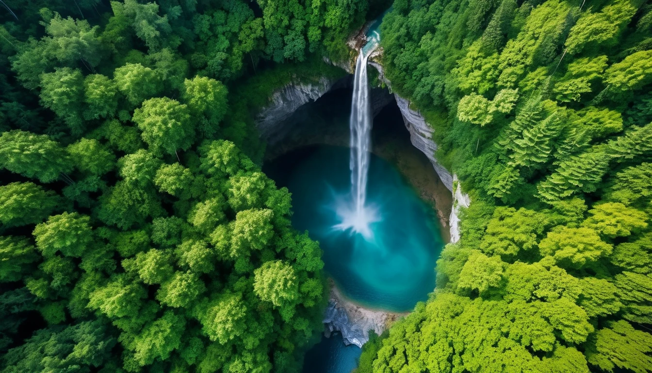 Aerial view of Towering steep and towering secret underground river in a cliff, wild forest, magical mist, asymmetric secret underground river cliff canyon, ((Aerial view):1.2), ((sense of extreme height):1.1), (waterfall), (mists), Coexistence with the natural environment, magic circle tower, lush wild forest, beautiful landscape, secret underground river, extremely detailed, best quality, masterpiece, high resolution, Hyperrealistic, 8K, top-view, high angle view, BlueColor Palette, Minimalism.