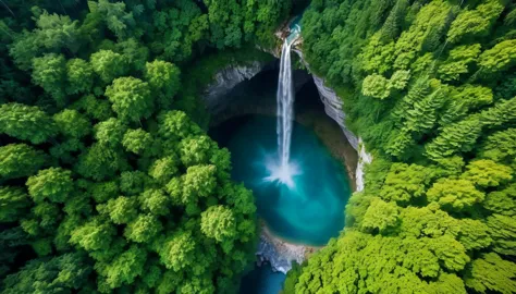 aerial view of towering steep and towering secret underground river in a cliff, wild forest, magical mist, asymmetric secret und...