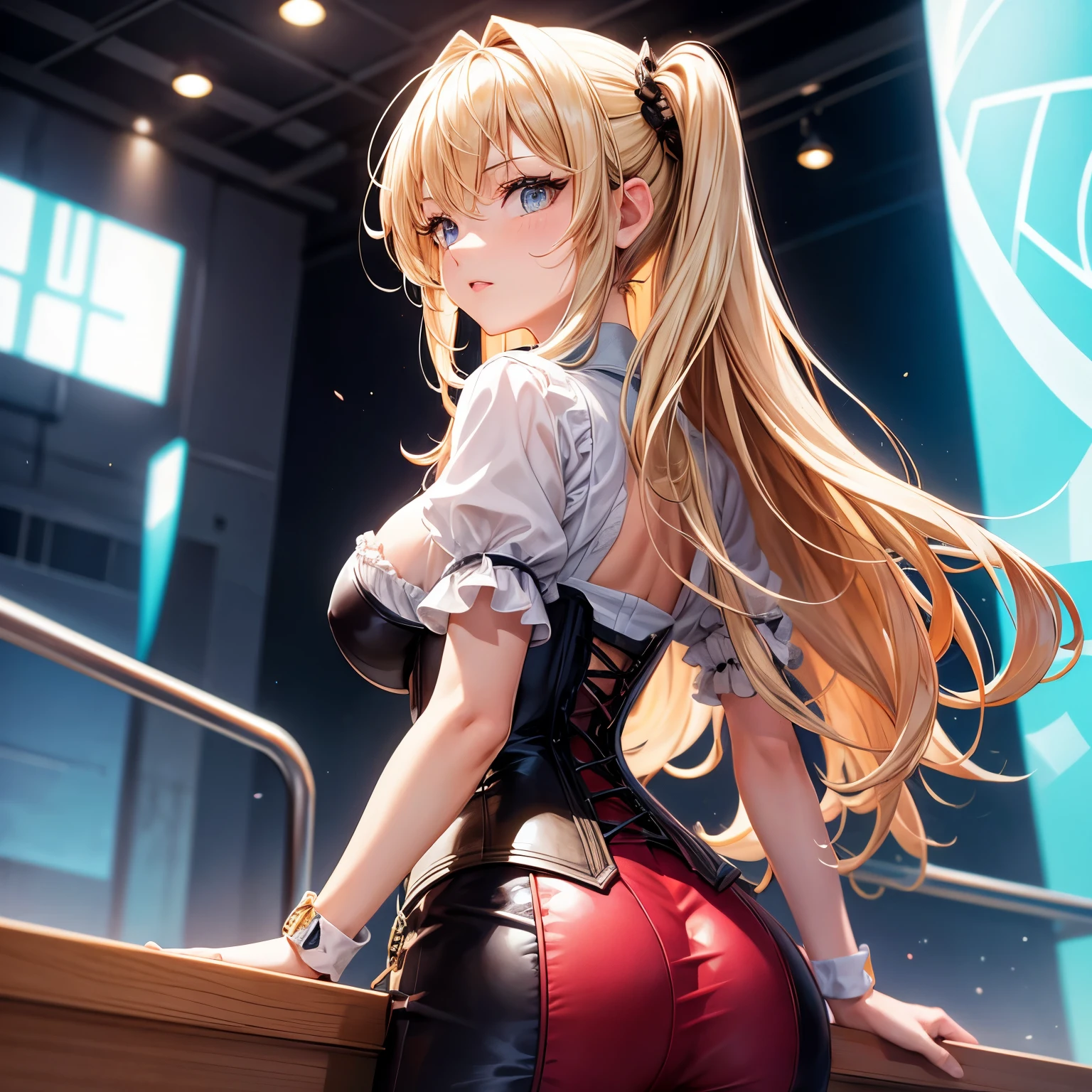 1 girl, alone, looking at the audience, long blonde hair, wearing a corset, big ass, brown eyes, Upper body, gray background, normal , lips, actual, partkonigsreuter