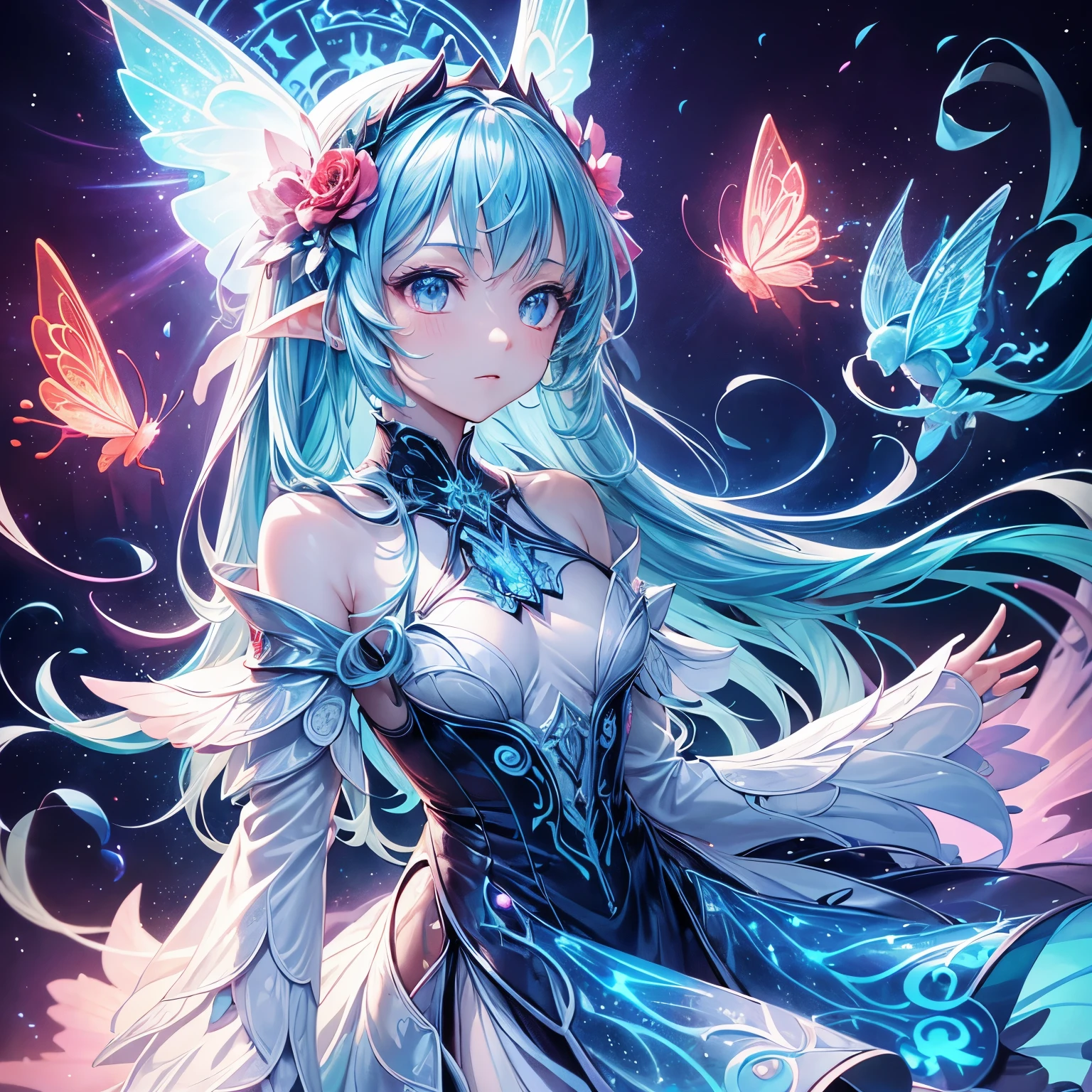 Ridiculous , high resolution, Super detailed, (1 girl:1.3), rest, fantasy dress, headgear, rest, light role, Dark persona, control, Fractal, whole body, 天flower板, artistic background, blue bioluminescence, Geometric, organic, bless, favor, sublime, sublimation, noble, Expand, untie, anti-gravity, antimatter, guardian angel, holy, sacred, , dignified, red bioluminescence, flower, Holographic wings, on the magic circle, Photon, Butterfly, scales, galaxy, Piccolo,