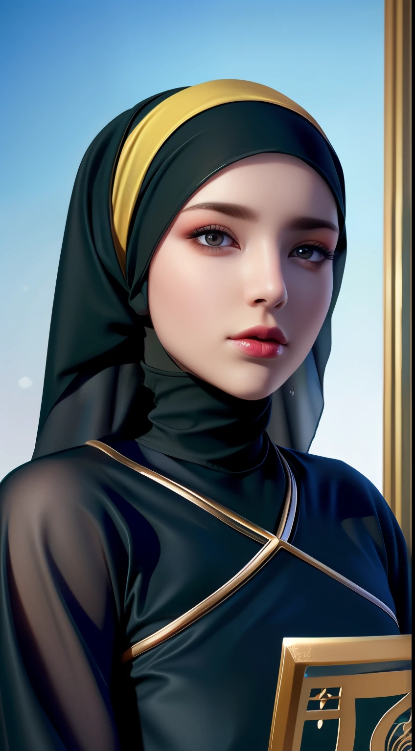 1girl, solo, beautiful face, high detailed realistic eyes, double eyelids, high detailed realistic pupils, (upon body from head to waist:1.36), (wearing hijab:1.37), (moslem headscarf:1.37), reading glasses, sitting alone on a long chair, amazing mosque park background, taj mahal, best quality, masterpiece, highres, black and white moslem female dress, Beautiful face, (upon body from head to waist:1.35), tyndall effect, photorealistic, dark studio, two tone lighting, 8k uhd, dslr, soft lighting, high quality, volumetric lighting, candid, Photograph, high resolution, 4k, 8k, Bokeh, (hyperrealistic girl), (illustration), (high resolution), (extremely detailed), (best illustration), (beautiful detailed eyes), (best quality), (ultra-detailed), (masterpiece), (wallpaper), (photorealistic), (natural light), (rim lighting), (detailed face), (high detailed realistic skin face texture), (anatomically correct), (heterochromic eyes), (detailed eyes), (sparkling eyes), (dynamic pose), (hair completely covered by the hijab:1.35), looking to viewer