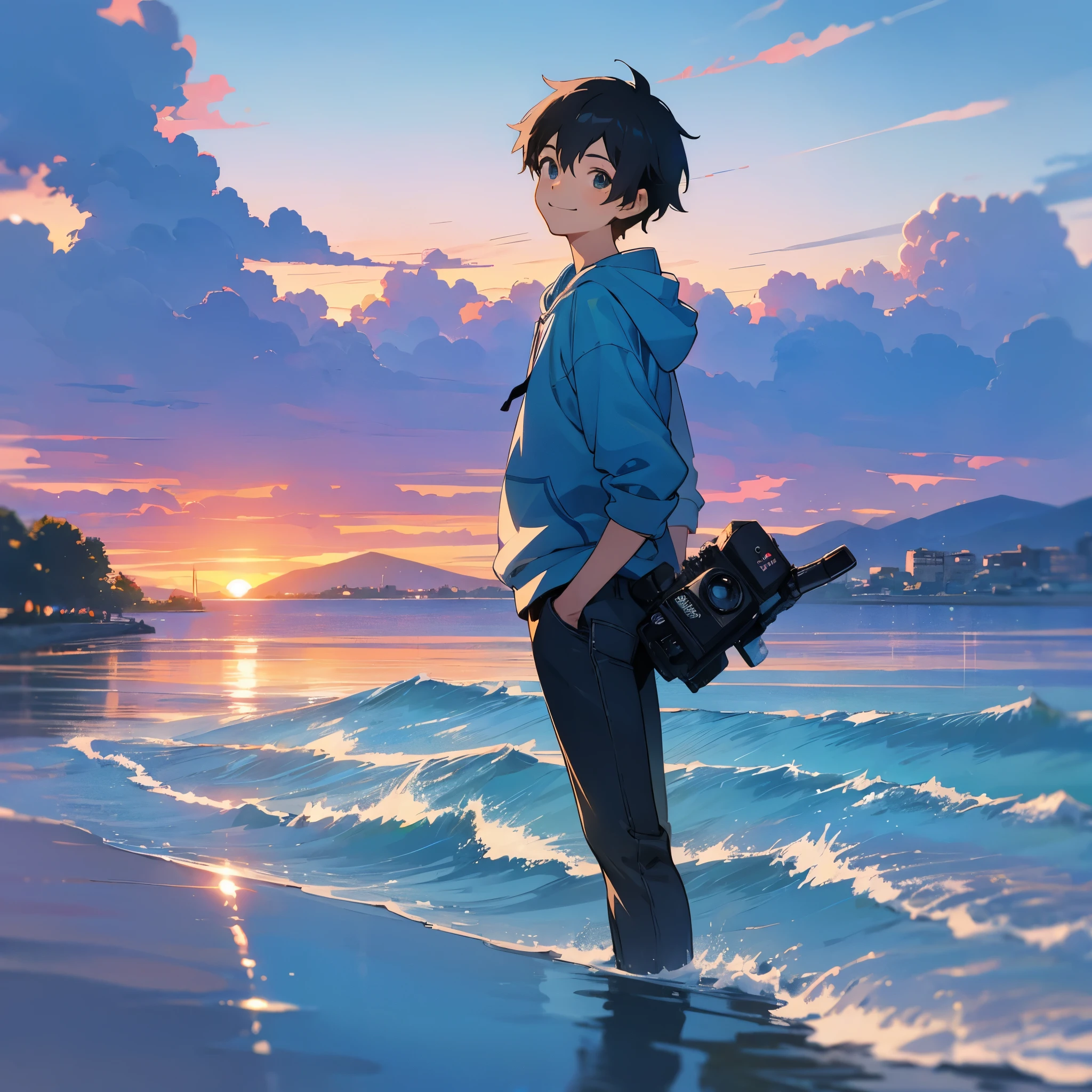 Anime - Entlang des Meeres, ein Junge, der Junge fotografiert mit einer alten Kamera, der Junge trägt einen blauen Kapuzenpullover und schwarze Jeans, Mit Blick in die Kamera, lächelnd, Makoto Shinkai-Stil, blassblauer Himmel, blassblaues Meer, ultrahohe Qualität, Extrem detailliert, Detailliertes Gesicht, Sonnenuntergang