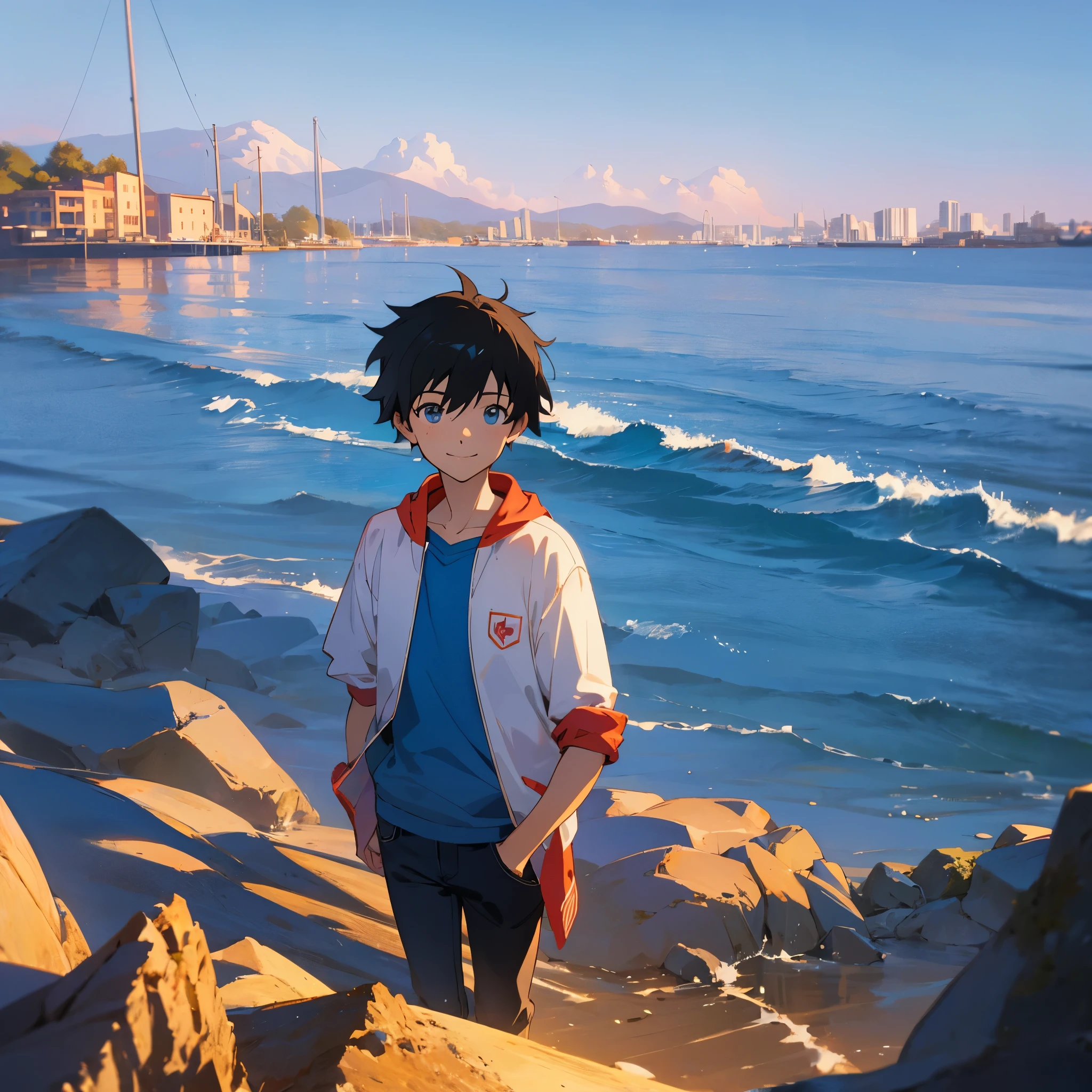 anime - ao longo do mar, um menino, o menino vestindo um moletom azul e jeans preto, De frente para a câmera, sorridente, Estilo Makoto Shinkai, céu azul pálido, mar azul pálido, Qualidade ultra-alta, ultra detalhado, rosto detalhado, pôr do sol